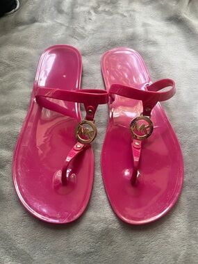 Michael Kors Pink Jelly Thong Sandals with Gold MK Charm